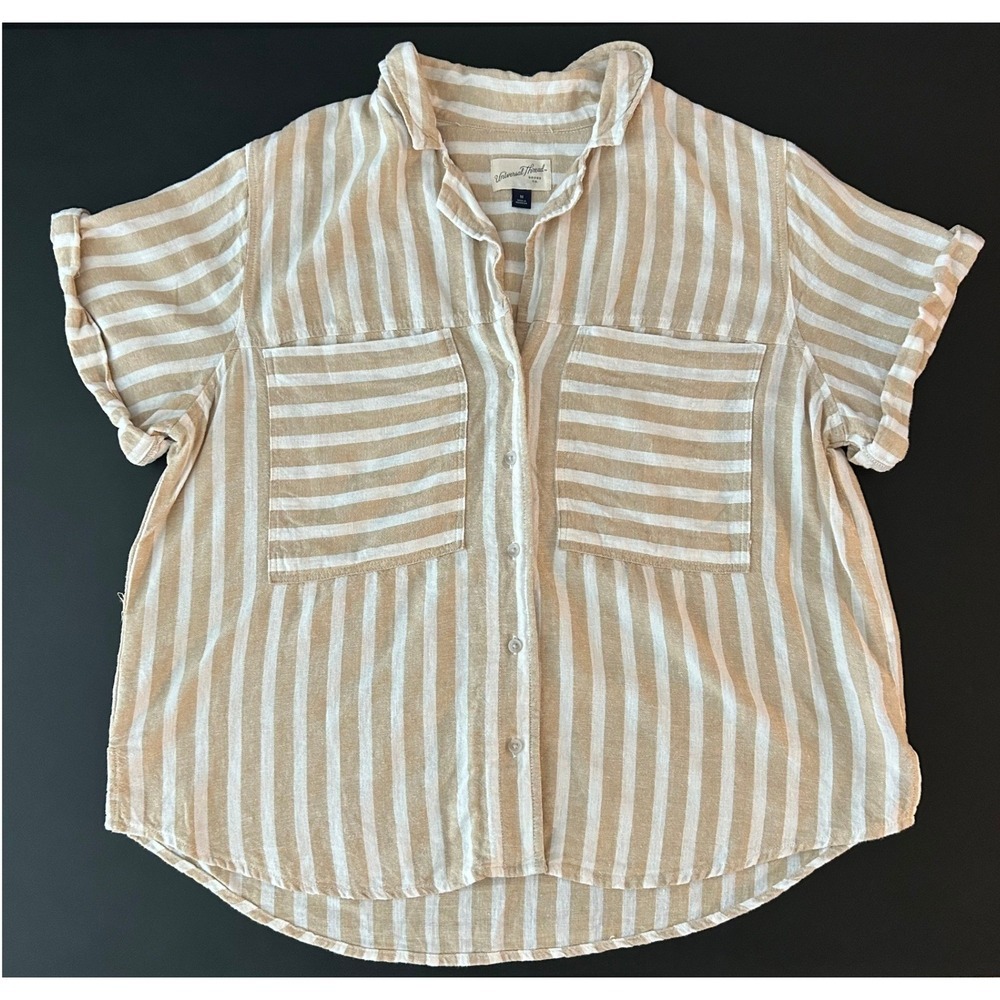 Universal Thread Tan White Striped Linen Blend Button Down Shirt Medium 1367